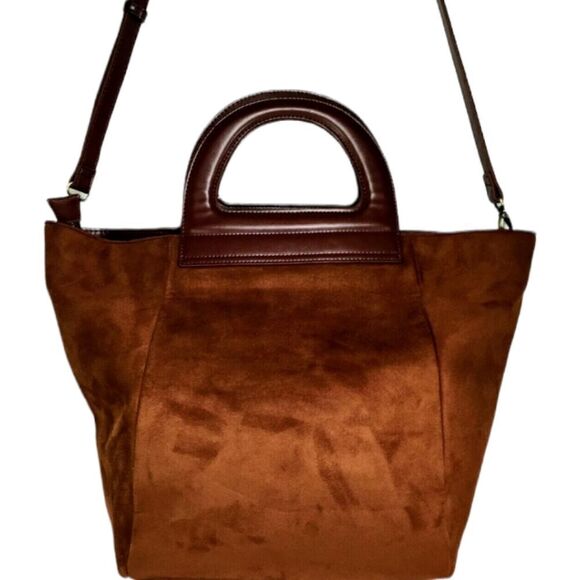 Anthroplogie Brown Faux Suede Leather Crossbody Tote Satche - Picture 3 of 10